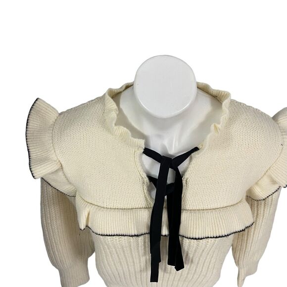 Sweater Womens Large Cable Knit Ruffle Preppy Cottage Peasant Feminine Cozy - Picture 4 of 15